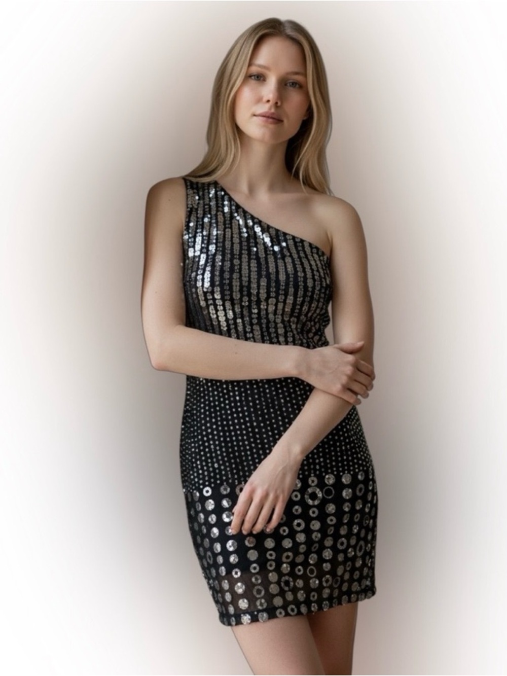 Alice + Olivia Black One-Shoulder Sequin Cocktail Dress